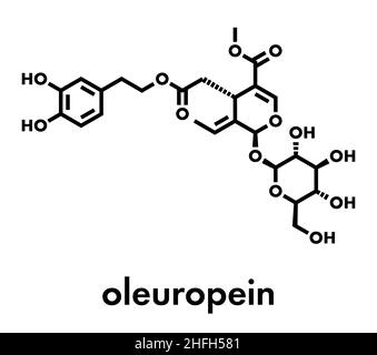 Oleuropein olive Komponente Molekül. In Teil verantwortlich für die Schärfe von nativem Olivenöl, vorteilhafte Eigenschaften haben können. Skelettmuskulatur Formel. Stock Vektor