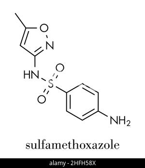 Sulfamethoxazol-Antibiotikum-Molekül (Sulfonamid-Klasse). Wird häufig zur Behandlung von Harnwegsinfektionen verwendet. Skelettformel. Stock Vektor