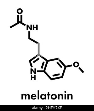 Melatonin Hormon Molekül. In den Menschen, es spielt eine Rolle in der zirkadiane Rhythmus der Synchronisation. Skelettmuskulatur Formel. Stock Vektor