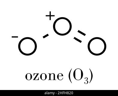 Ozon (O3) trioxygen, Molekül, chemische Struktur. Skelettmuskulatur Formel. Stock Vektor