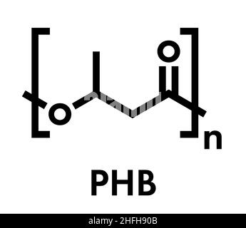 Polyhydroxybutyrat (PHB) biologisch abbaubaren Kunststoff, chemische Struktur. Polymer, das sowohl bio-abgeleitet und kompostierbar. Skelettmuskulatur Formel. Stock Vektor