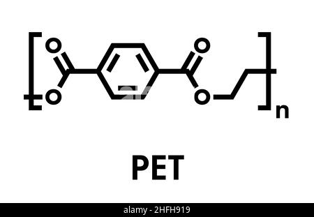 Polyethylenterephthalat (PET, Pete) Polyester Kunststoff, chemische Struktur. Vor allem in der synthetischen Fasern und Kunststoff Flaschen genutzt. Skelettmuskulatur Formel. Stock Vektor