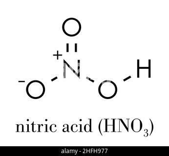 Salpetersäure (HNO3) starke Mineralsäure Molekül. Bei der Herstellung von Dünger und Sprengstoffen verwendet. Skelettmuskulatur Formel. Stock Vektor