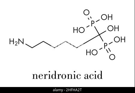 Neridronic acid drug Molecule. Für die Behandlung der Osteogenesis imperfecta und Morbus Paget des Knochens eingesetzt. Skelettmuskulatur Formel. Stock Vektor