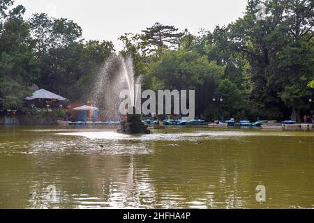 Bukarest, Rumänien - 12. August 2021: Menschen rudern Boote auf dem Teich mit Brunnen im Park Cismigiu Gardens in der Innenstadt von Bukarest, der Hauptstadt Rumäniens Stockfoto