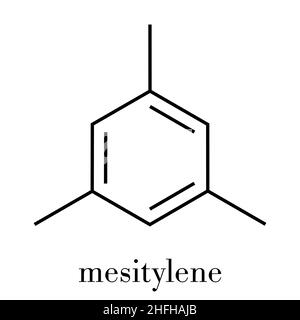 Mesitylene aromatischer Kohlenwasserstoff Molekül. Wichtige Lösungsmittel in der chemischen Industrie und flüchtigen organischen Verbindungen (VOC) Schadstoffe in der Umwelt. Ske Stock Vektor