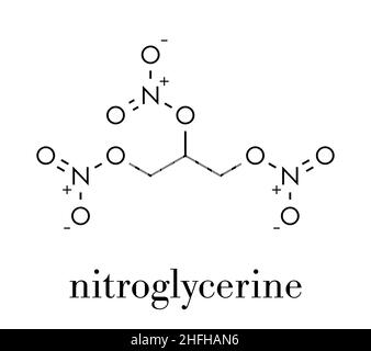 Nitroglyzerin (Nitro, Glyceryl trinitrate) Droge und explosiven Molekül. Skelettmuskulatur Formel. Stock Vektor