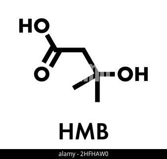 Beta-hydroxy beta-methylbutyric Säure (HMB) Leucin stoffwechselprodukt Molekül. Als Ergänzung verwendet, kann Kraft und Muskelmasse erhöhen. Skelettmuskulatur Formel. Stock Vektor