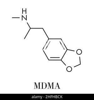 MDMA (XTC, E, Ecstasy) Party Droge Molekül. Volle chemische Bezeichnung ist 3,4-Methylendioxymethamphetamin. Skelettmuskulatur Formel. Stock Vektor