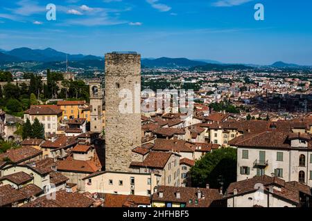 Luftaufnahme vom Turm Campanone, der Turm Torre del Gombito von den Häusern der Stadt umgeben. Stockfoto