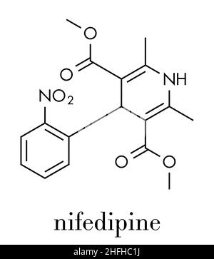 Nifedipin Calcium Channel Blocker Droge. Wird bei der Behandlung von Angina pectoris und Bluthochdruck (Bluthochdruck) verwendet. Skelettformel. Stock Vektor