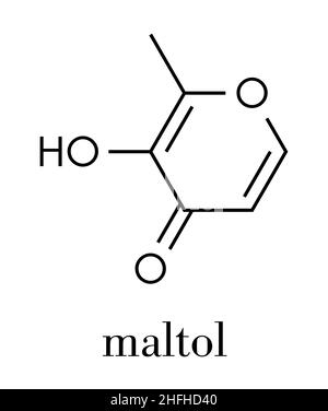 Maltol Lebensmittelzusatzstoff Molekül (E 636). Skelettmuskulatur Formel. Stock Vektor