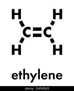 Ethylen (Ethen)-Molekül. Wird zur Herstellung von Polyethylen verwendet, aber auch als Pflanzenhormon wichtig. Skelettformel. Stock Vektor