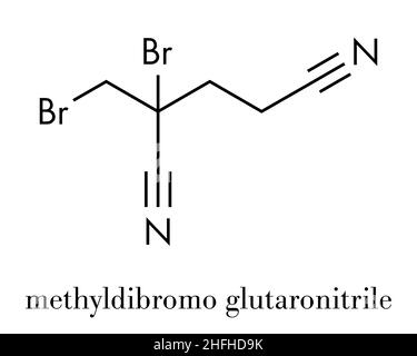 Methyldibromo glutaronitrile Konservierungsmittel Molekül. Gemeinsame allergen allergische Kontaktdermatitis verursacht. Skelettmuskulatur Formel. Stock Vektor