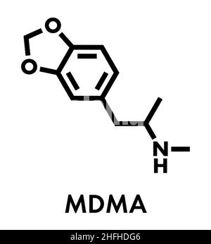 MDMA (XTC, E, Ecstasy) Party Droge Molekül. Volle chemische Bezeichnung ist 3,4-Methylendioxymethamphetamin. Skelettmuskulatur Formel. Stock Vektor