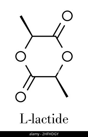 L-lactid PLA Vorläufer Molekül. In der Synthese von Polymeren Polymilchsäure (Polylactid, polylactate) Kunststoff verwendet. Skelettmuskulatur Formel. Stock Vektor