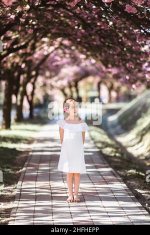 Liebenswert kleines Mädchen in weißem Kleid steht in blühenden rosa Garten an schönen Frühlingstag Stockfoto