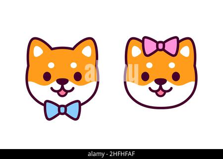 Cute Cartoon Shiba Inu Welpen Paar, Junge und Mädchen mit blauen und rosa Schleife. Kawaii-Symbol für den männlichen und weiblichen Hund. Vektor-Illustration für Hochzeit oder Baby-Gen Stock Vektor