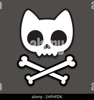 Niedliche Cartoon Katze Schädel und Kreuzknochen. Einfaches handgezeichnetes kawaii Jolly Roger-Zeichen, Vektorgrafik auf dunklem Hintergrund. Stock Vektor