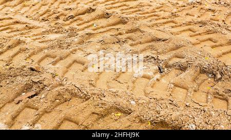 Fußabdrücke im Sandauto im Morgenlicht im Rücklicht. Selektiver Fokus, Raum in der Zone verschwimmen Kompositionen für die Produktion von Werbung. Stockfoto