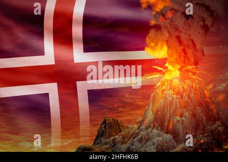 Großer Vulkanausbruch bei Nacht mit Explosion auf Island Flagge Hintergrund, leiden unter Ausbruch und vulkanischem Erdbeben konzeptionelle 3D Illustration Stockfoto