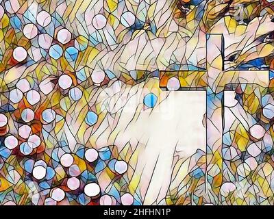 Surreale Malerei. Kreuz in Lichtstrahlen. Bokeh. 3D Rendern Stockfoto