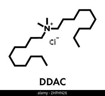 Didecyldimethylammoniumchlorid antiseptisches Molekül. Biozid-Desinfektionsmittel, aktiv gegen Bakterien und Pilze. Skelettformel. Stock Vektor