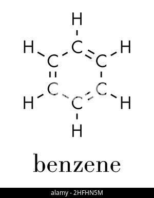 Benzol aromatischer Kohlenwasserstoff Molekül. Wichtig in der Petrochemie, Bestandteil von Benzin. Skelettmuskulatur Formel. Stock Vektor