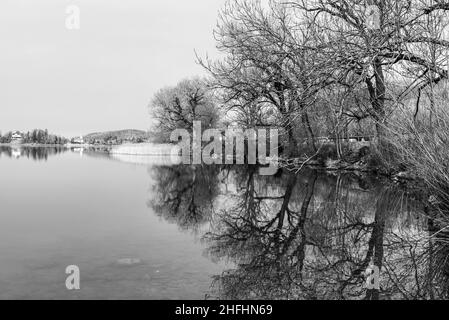 Szenische Reflexion der Vegetation am Schliersee in Bayern, Deutschland Stockfoto