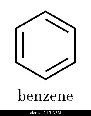 Benzol aromatischer Kohlenwasserstoff Molekül. Wichtig in der Petrochemie, Bestandteil von Benzin. Skelettmuskulatur Formel. Stock Vektor