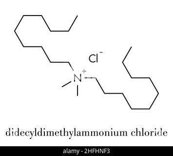 Didecyldimethylammoniumchlorid antiseptisches Molekül. Biozid-Desinfektionsmittel, aktiv gegen Bakterien und Pilze. Skelettformel. Stock Vektor