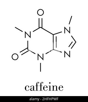 Koffeinstimulierendes Molekül. In Kaffee, Tee und vielen Soft- und Energy-Getränken. Skelettformel. Stock Vektor