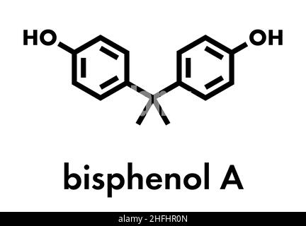 Bisphenol A (BPA) Kunststoff-Schadstoffmolekül. Chemikalien, die häufig in Polycarbonat-Kunststoffen vorhanden sind, wirken sich störend auf das Östrogen aus. Skelettformel. Stock Vektor