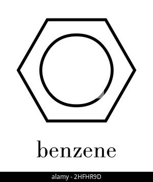 Benzol aromatischer Kohlenwasserstoff Molekül. Wichtig in der Petrochemie, Bestandteil von Benzin. Skelettmuskulatur Formel. Stock Vektor