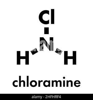 Chloramin (Monochloramin) Desinfektionsmittel Molekül. Zersetzt sich leicht, was zur Bildung von Hypochlorsäure führt. Skelettformel. Stock Vektor