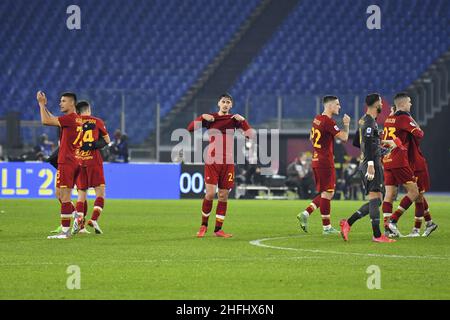 Rom, Italien. 16th Januar 2022. A.S. Roma Team während des 22th. Tages der Serie A Meisterschaft zwischen A.S. Roma und Cagliari Calcio am 16th. Januar 2022 im Stadio Olimpico in Rom, Italien. Kredit: Unabhängige Fotoagentur/Alamy Live Nachrichten Stockfoto