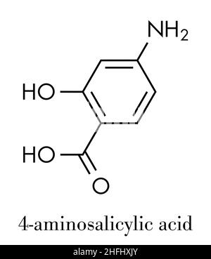 Para-aminosalicylsäure Droge Molekül. In der Behandlung von Tuberkulose und chronisch entzündliche Darmerkrankungen (Colitis ulcerosa, Morbus Crohn) verwendet. Skelet Stock Vektor