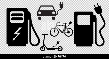 Symbolsatz für Elektromobilität. Elektroauto, Automobil-Kabelkontur und Stecker Laden, Scooter, Fahrrad Piktogramm Symbole auf kariertem transparenten Hintergrund. Stock Vektor
