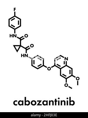 Cabozantinib-Krebsmedikamentenmolekül. Inhibitor von c-Met und VEGFR2 Tyrosinkinasen, verwendet bei der Behandlung von medullärem Schilddrüsenkrebs. Skelettformel. Stock Vektor