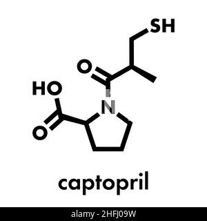 Captopril Bluthochdruck (Hypertonie) Droge. Eine Angiotensin-Conversions-Enzym-Hemmer (ACE-Hemmer) Skelettmuskulatur Formel. Stock Vektor