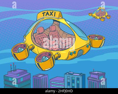 Drohne Lufttaxi, Autopilot Stadtverkehr. Hubschrauber der Zukunft Stock Vektor