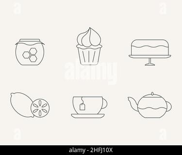 Symbole Für Die Teezeit Eingestellt. Dünne Linie, schwarze Kontur, Kontur, flaches Design. Isolierte Elemente aus Tasse, Teekannen, Honigglas, Zitronenfrüchten, Kuchen. Vektor Stock Vektor