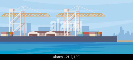 Cargo-Logistik-LKW und Transport-Containerschiff mit Arbeits Kran Import Export Transport-Industrie in der Werft. Illustration Vektor Stock Vektor