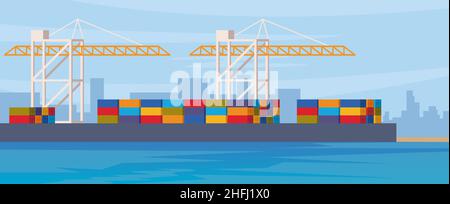 Cargo-Logistik-LKW und Transport-Containerschiff mit Arbeits Kran Import Export Transport-Industrie in der Werft. Illustration Vektor Stock Vektor