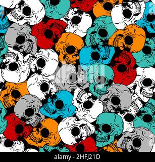 Farbiger Totenkopf-Muster nahtlos. Handzeichnung Multicolored Skeleton Kopf Hintergrund. Death Texture. Totenschädel-Ornament Stock Vektor