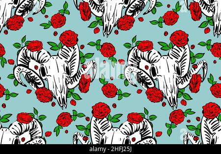 Ziegenschädel und Blumenmuster nahtlos. Ziegenkopf Skelett und Rose Hintergrund. Handzeichnung Vektor-Textur Stock Vektor