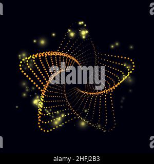 Abstrakte Spirale fünfzackige Sternform aus Halbtonpunkten, goldfarbene funkelnde Funken, Vektorgrafik auf dunklem Hintergrund Stock Vektor