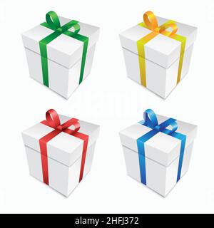 Geschenkbox mit bunten Bändern rot, blau, grün, Gold isoliert auf weißem Hintergrund. Vektorgrafik. EPS 10-Vektordatei. Stock Vektor