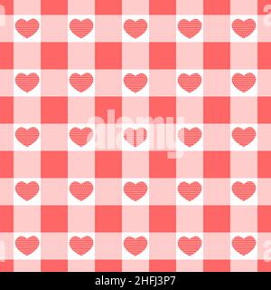 Vichy-Nahtloses Muster mit gepunkteten Herzen. Karierte Valentinstag-Textur für Picknickdecke, Tischdecke, Karierte. Stoffhintergrund, Retro-Gingham-Design. Vektorgrafik flach. Draufsicht Stock Vektor