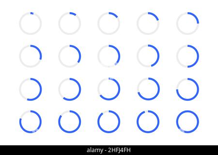 Runde Ladebars. Symbole für Fortschritt, Warten oder Herunterladen festgelegt. Infografik Animation Elemente für Website-Schnittstelle isoliert auf weißem Hintergrund. Vektorgrafik flach. Stock Vektor